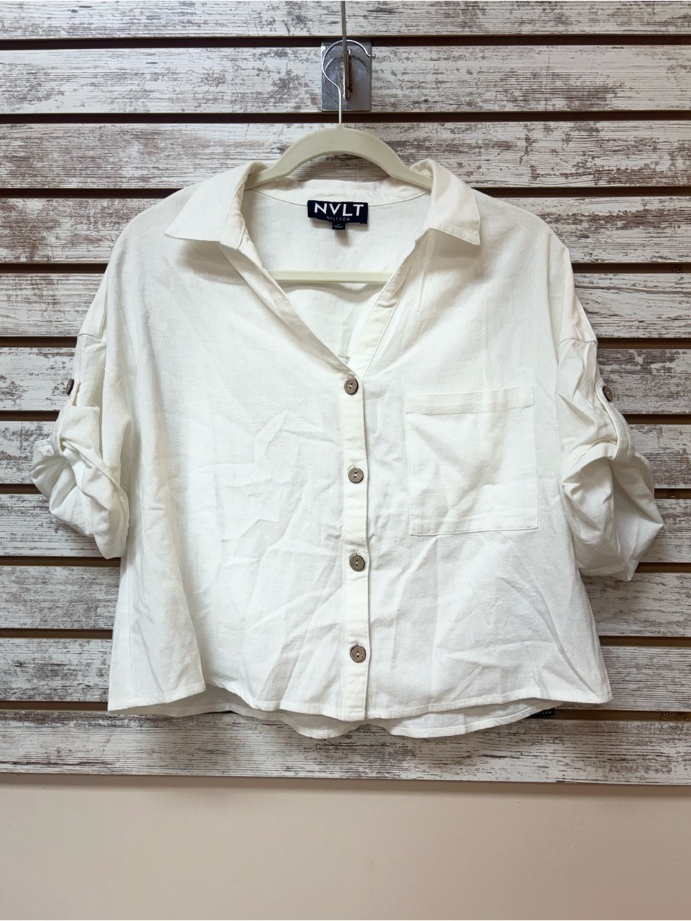 NVLT White Linen Blend Button Front Shirt Top Roll Tab Sleeve Size M NWT